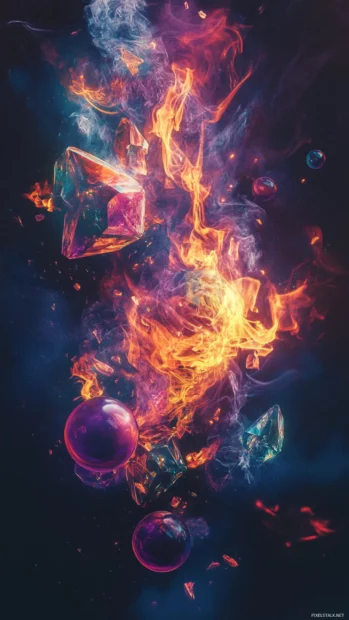 Dark trippy theme with burning crystal dust and dissolving orbs in a floating composition.