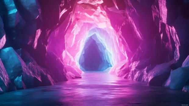 Dark tunnel leading to glowing neon crystal cave.