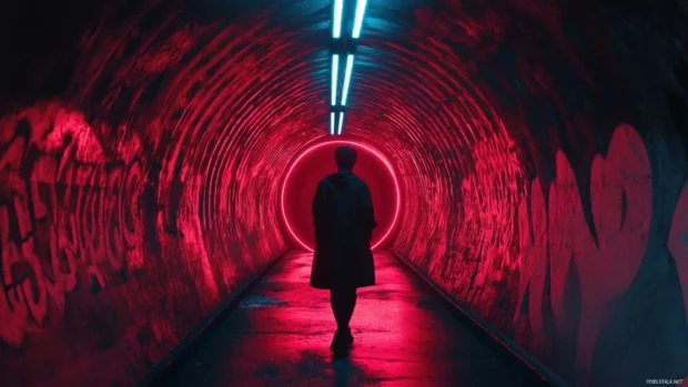 Dark tunnel with flickering fluorescent light and graffiti.
