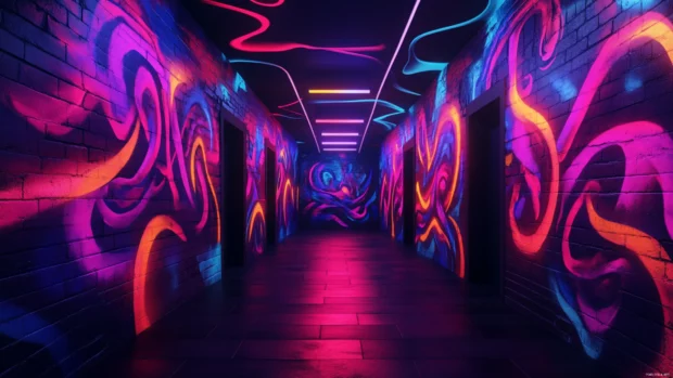 Dark urban alley lit with neon graffiti art, Dark aesthetic neon background.