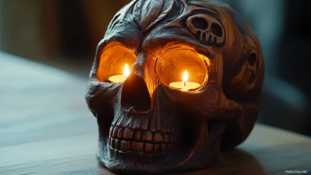 Dark wood carved skull with candle lit eyes.