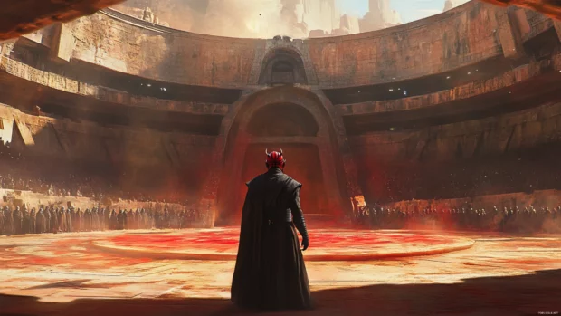 Darth Maul staring across an arena with red bladed focus.
