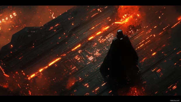 Darth Vader emerging from the shadows on a burning starship deck.
