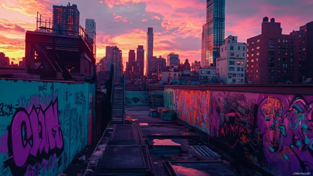 Dawn cityscape with buildings sprayed in teal and purple graffiti.
