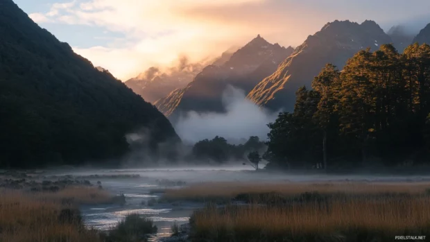 Dawn light spilling across a pretty misty valley.