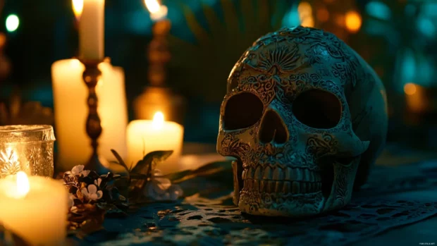 Decorative skull resting among papel picado and candles.