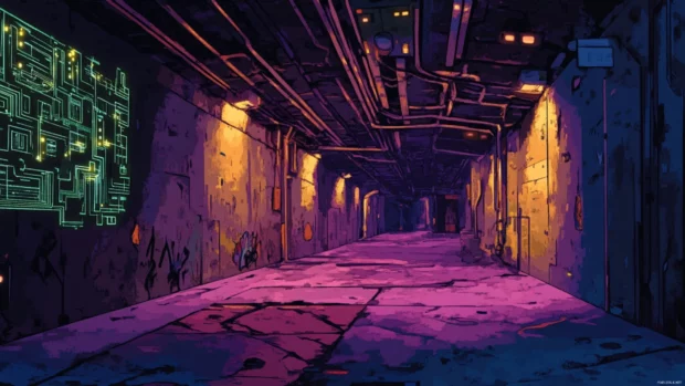 Deep Cyberpunk tunnel lit only by embedded circuit lights.