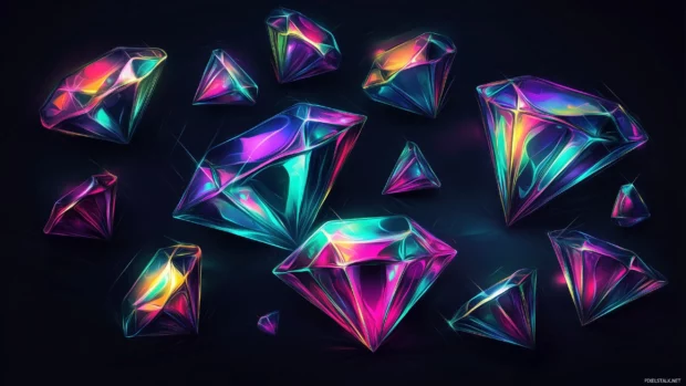 Deep black background with elegant glowing neon diamonds subtly fading.