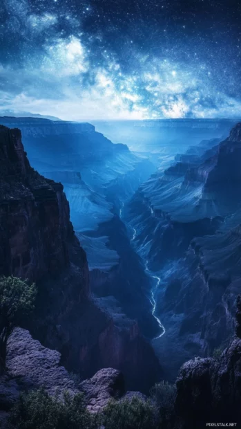 Deep canyons wrapped in shimmering cosmic winds, illuminating the vastness of shimmering cosmic night wallpaper.