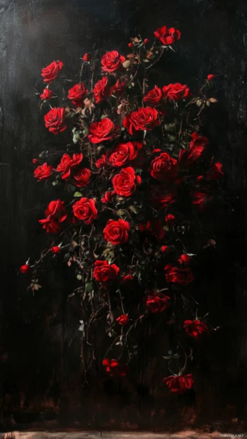 Deep red Pretty Roses glowing against dark backdrop inspired by Red roses wallpaper aesthetic.