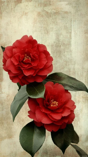 Deep red camellia blooms layered over subtle background textures, rich lock screen composition.