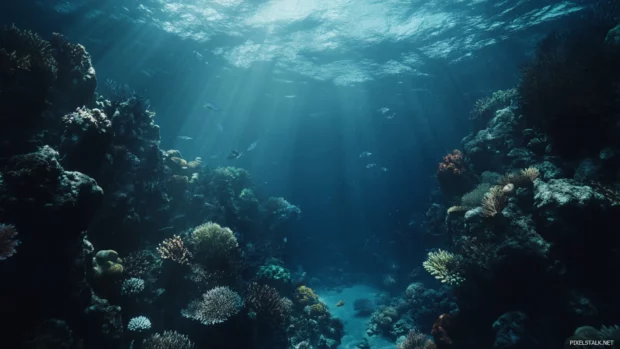 Deep sea view with coral reefs and marine life, ideal for underwater ocean scenes desktop wallpaper.