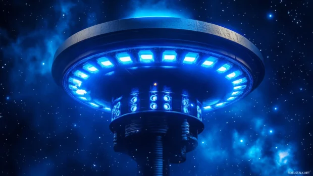 Deep space relay beacon glowing with blue lights.