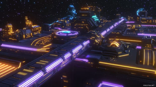 Deep spaceport connected to a neon city by glowing rails, commonly used for cyberpunk desktop wallpapers.