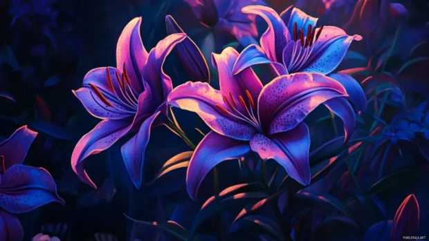 Deep violet lilies bathed in evening light.