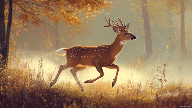 Deer bounding across an open clearing surrounded by mist.