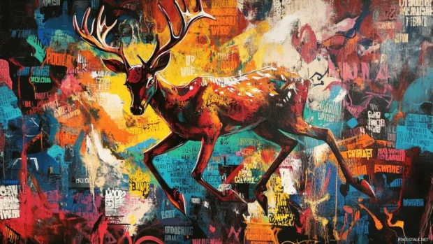 Deer jumping across rolling words and molten graffiti color.