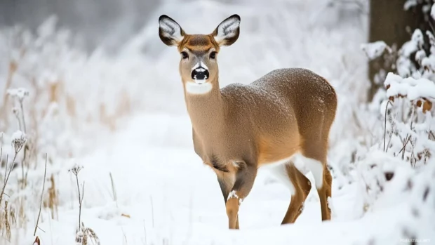 Deer walking through a snow covered meadow.