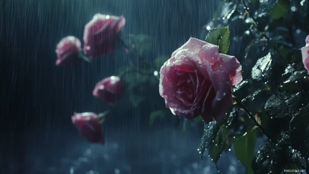 Delicate Beautifull Roses soaking in gentle rain.