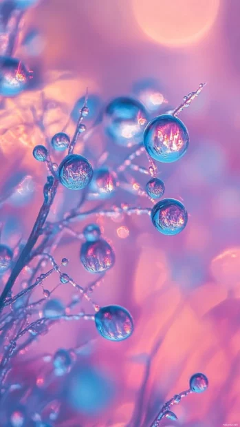 Delicate Summer Vibes details shine in a close up of dewdrops clinging to grass at sunrise.