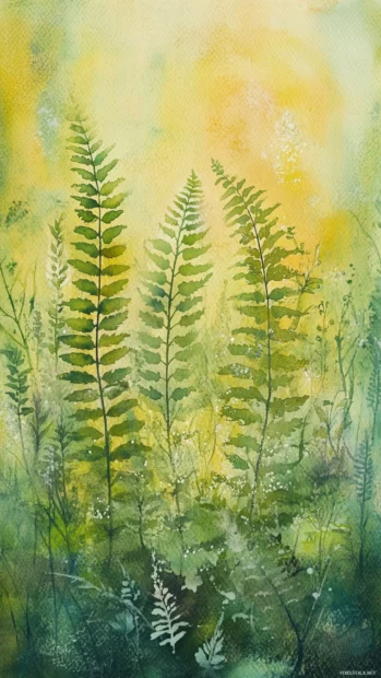 Delicate Watercolor Ferns Unfurling In A Dewy Morning Forest.