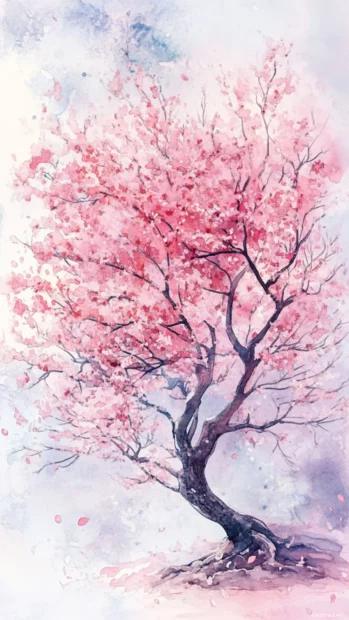 Delicate Watercolor Illustration Of A Cherry Blossom Tree In Full Bloom.