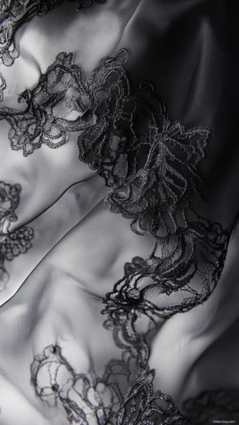 Delicate black lace patterns layered over soft smoke.