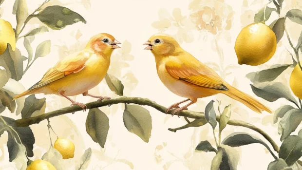 Delicate canaries singing among watercolor lemon trees.