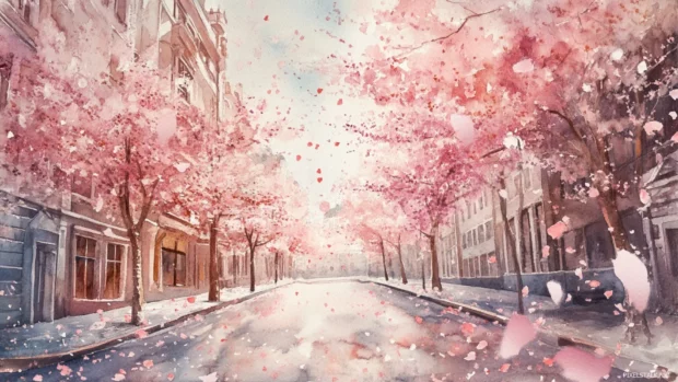 Delicate cherry blossom petals falling over watercolor streets.