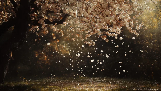 Delicate cherry blossoms fall in a springtime breeze.
