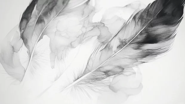 Delicate feathers illustrated in soft black and white watercolor tones.