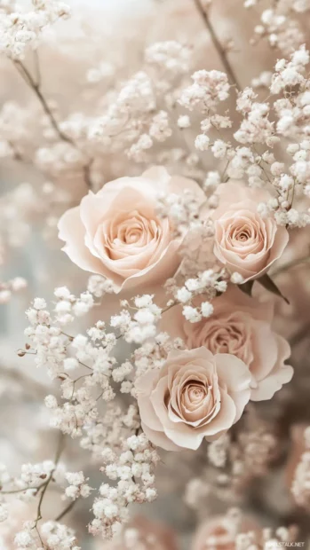 Delicate floral arrangement with soft pink roses and baby breath.