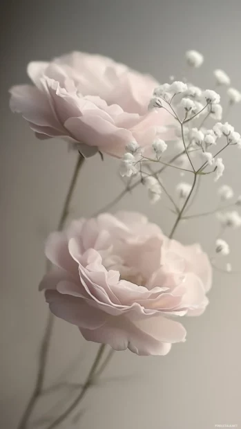 Delicate floral arrangement with soft pink roses and baby breath.