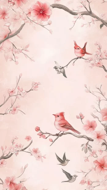 Delicate florals, pastel birds, and light pink girly wallpaper details.