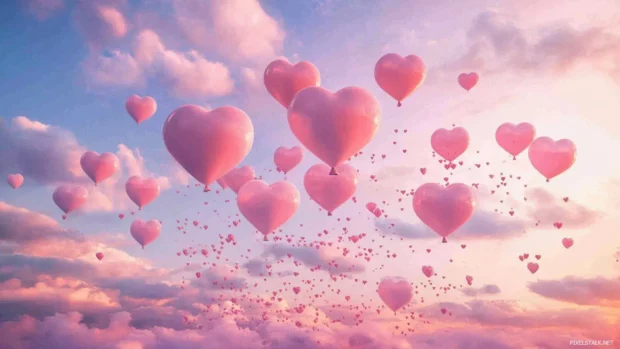 Delicate heart shaped balloons floating in a pastel sky, one of the best girly PC wallpaper ideas.