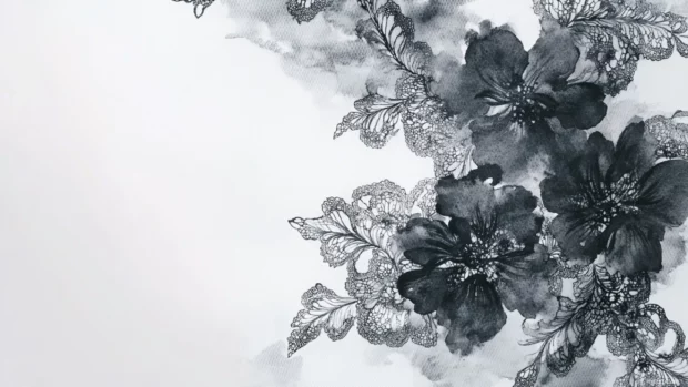 Delicate lace patterns painted with fine black and white watercolor strokes.