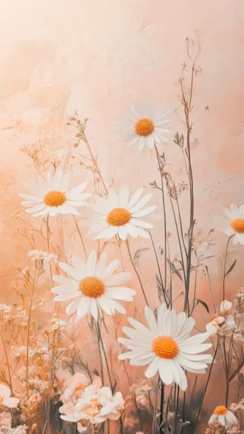 Delicate pastel summer phone design featuring daisies and soft peach backgrounds, floral look.