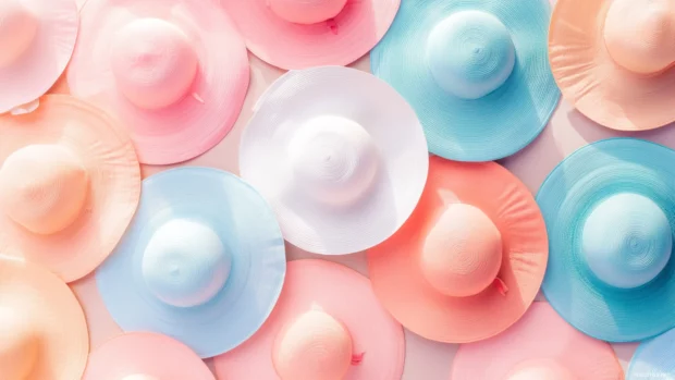 Delicate summer aesthetic wallpaper featuring overlapping tiles of pastel sun hats and beach umbrellas.