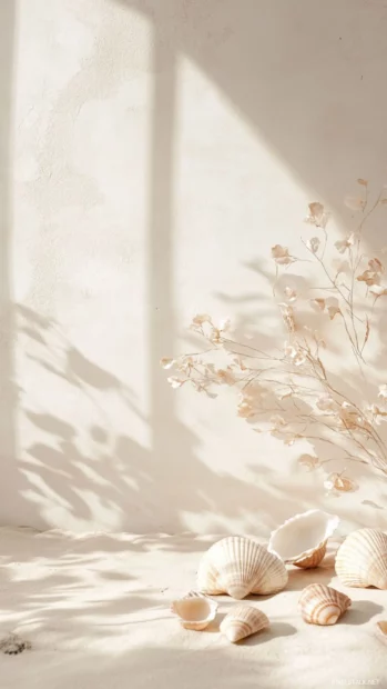 Delicate summer wallpaper showing seashells on pale sand.