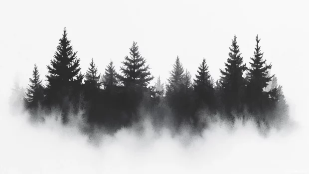 Delicate tree silhouettes emerging from a misty black and white watercolor forest.