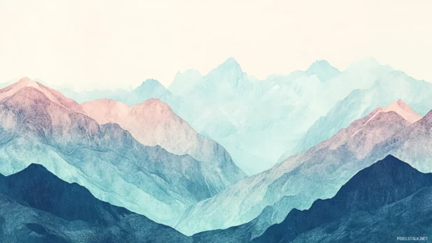 Delicate watercolor glaciers nestled between rugged mountains.