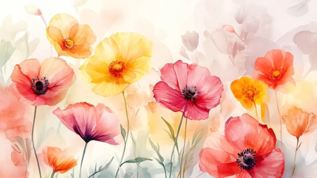 Delicate watercolor summer florals, artistic and aesthetic, excellent choice for a summer desktop 4K wallpaper.