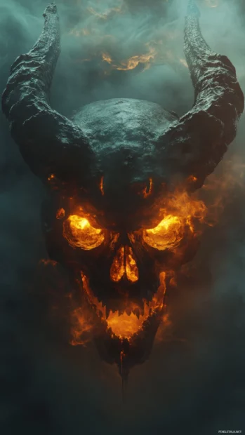 Demonic skull with cracked horns glowing from mist.