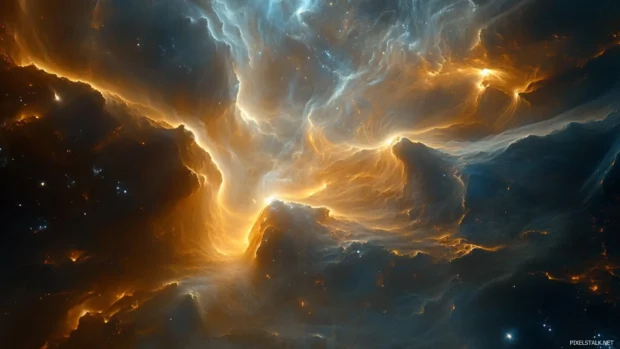 Desert canyons cradled in cosmic mists.