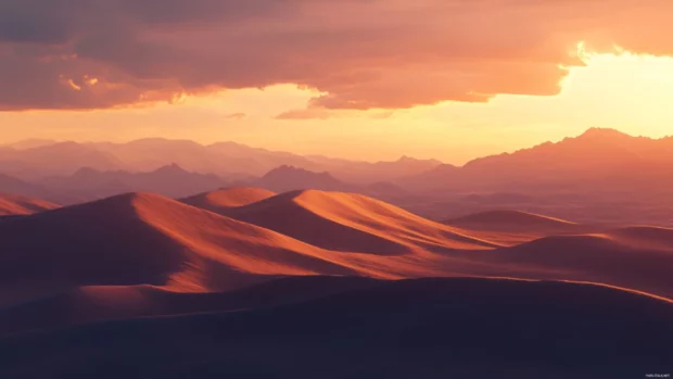 Desert dunes under a dramatic HD sunset background, shadows stretching across the sand.