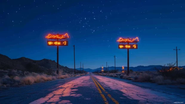 Desert highway under broken dark neon signs.