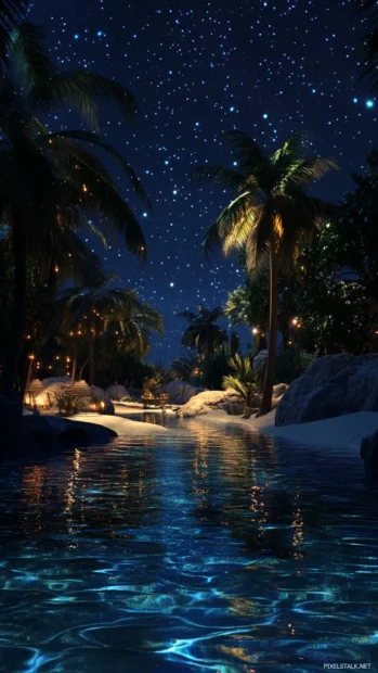 Desert oases shimmering under starry peace.