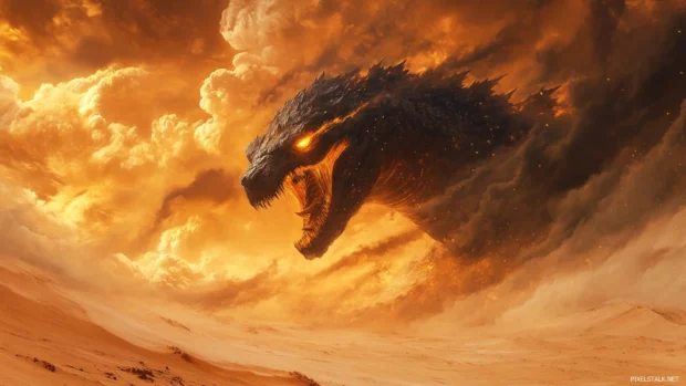Desert sandstorms swirl around the glowing beast Godzilla.