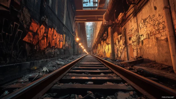 Deserted monorail track through a decaying part of the city, graffiti and flickering lights everywhere.