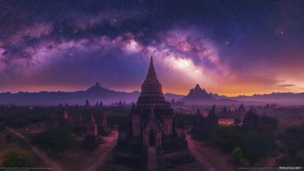 Deserted temples sparkling under cosmic seas.